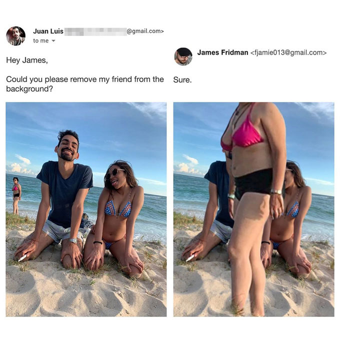 beach picture of lovers covered by fat lady funny Photoshop edits